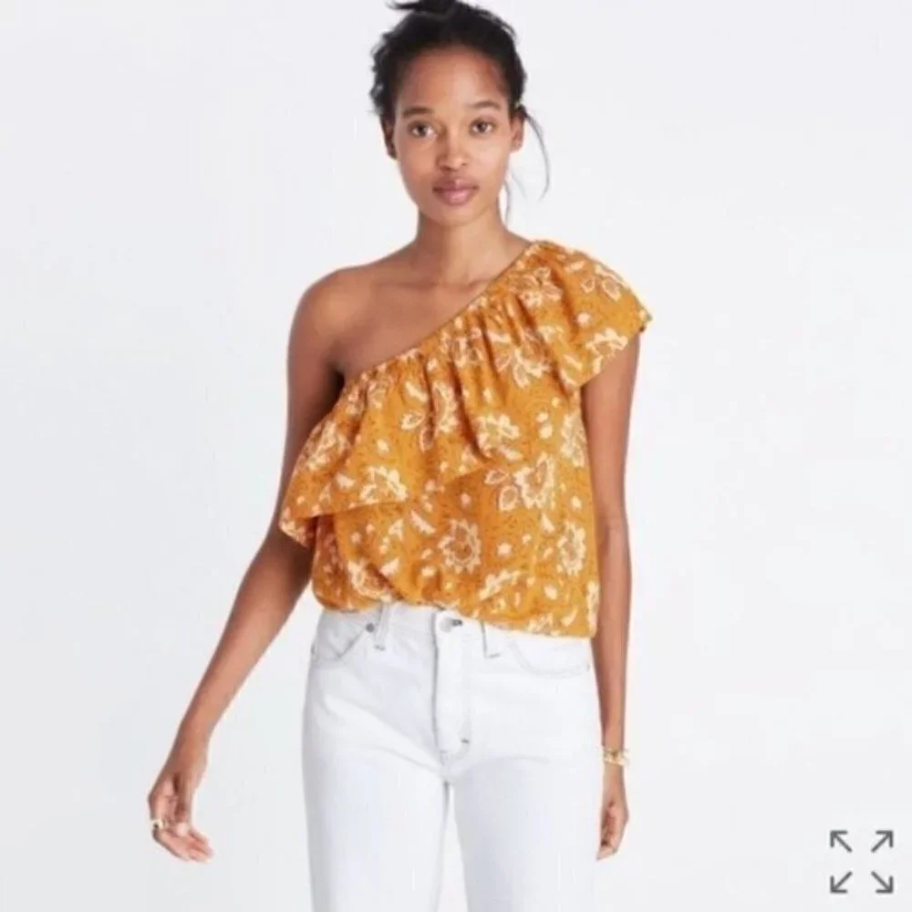 Madewell Silk One-Shoulder Ruffle Top in Yellow Assam‎ Floral S